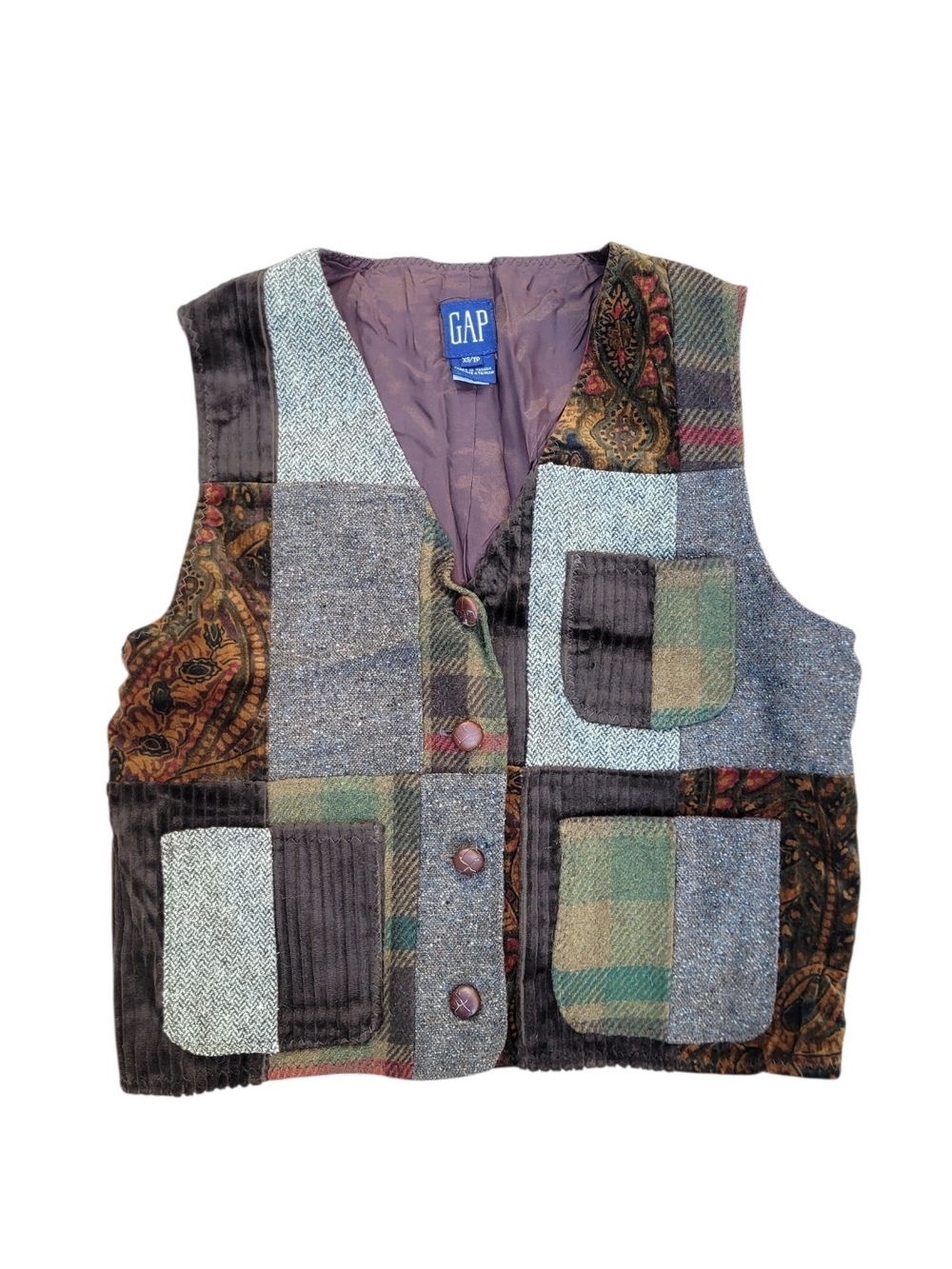 Vintage 90s Y2K Gap Patchwork Vest Corduroy Tweed Plaid Paisley Grandpa XS